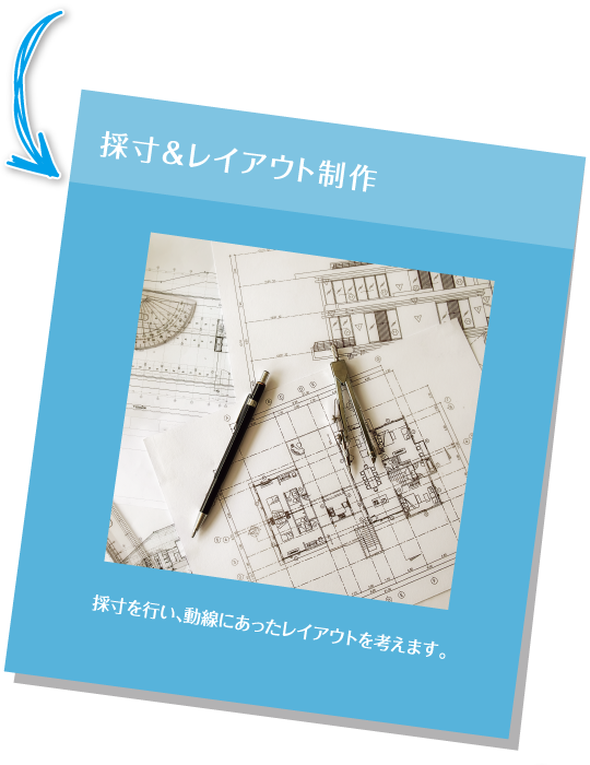 採寸・レイアウト制作：採寸を行い、動線にあったレイアウトを考えます。